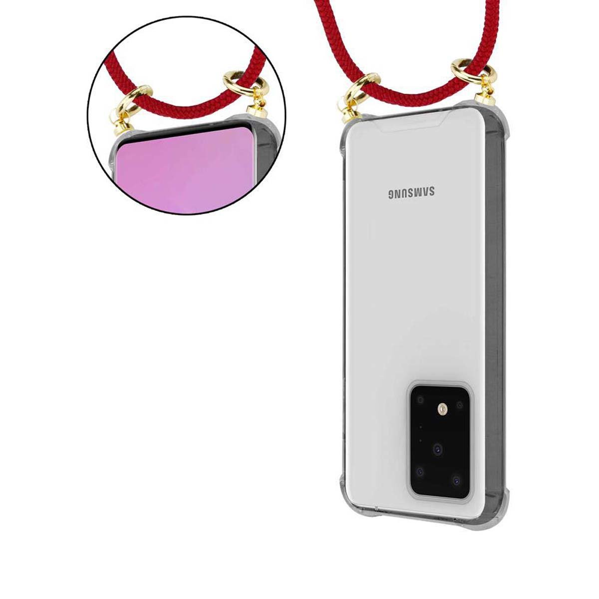 Telefono in custodia trasparente con cordino rosso. Il retro del telefono è visibile.