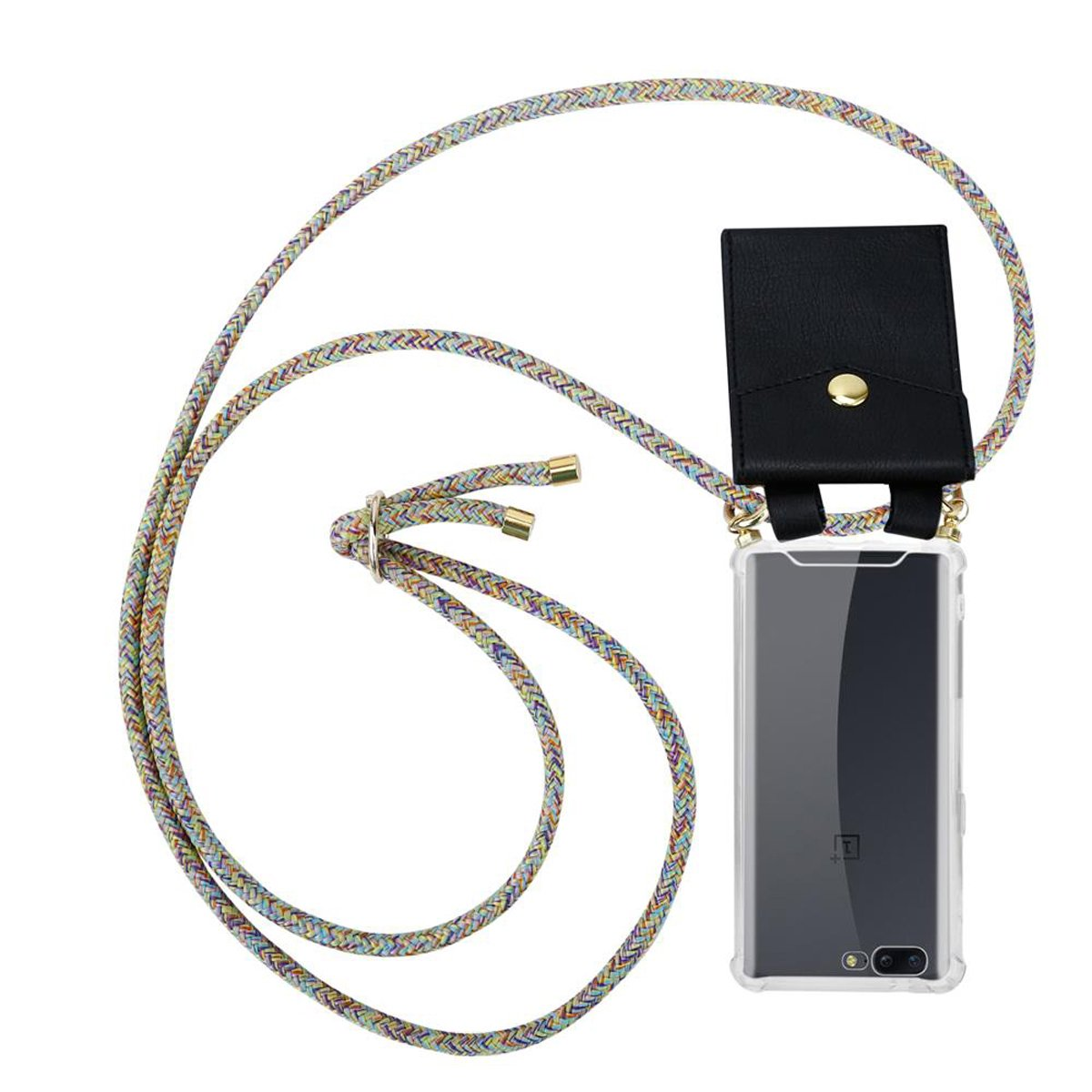 Ein Telefon mit durchsichtiger Hülle und einem gemusterten Umhängeband. Eine schwarze Handyhülle mit goldenem Knopf.