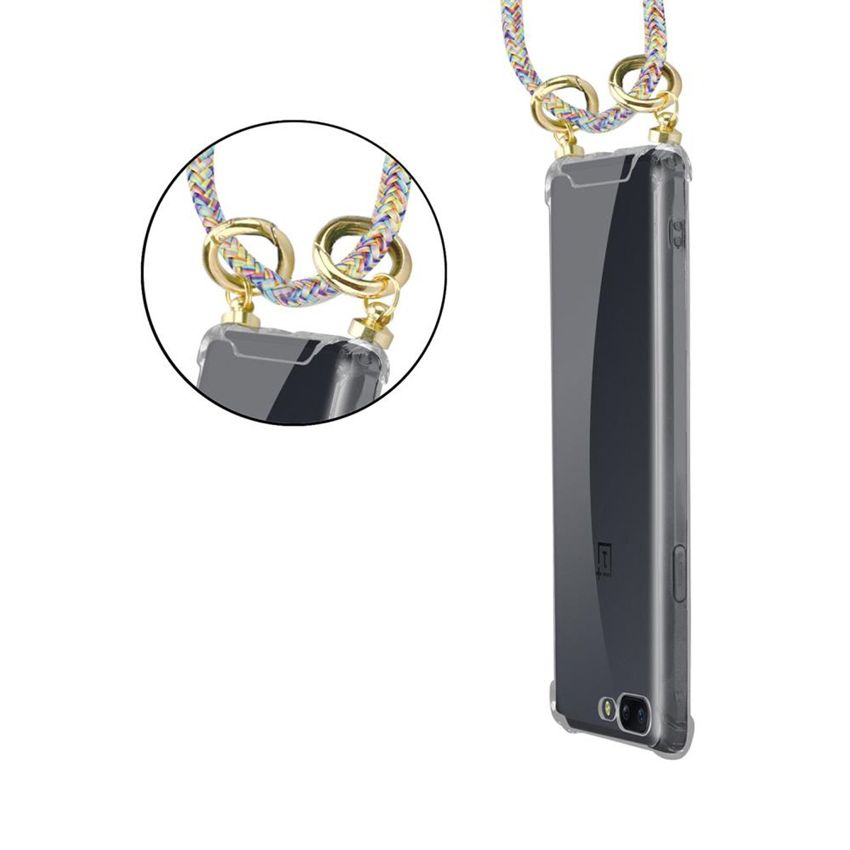 Ein Telefon mit einer transparenten Hülle und einem Schlüsselband. Nahaufnahme der Befestigung des Schlüsselbands.