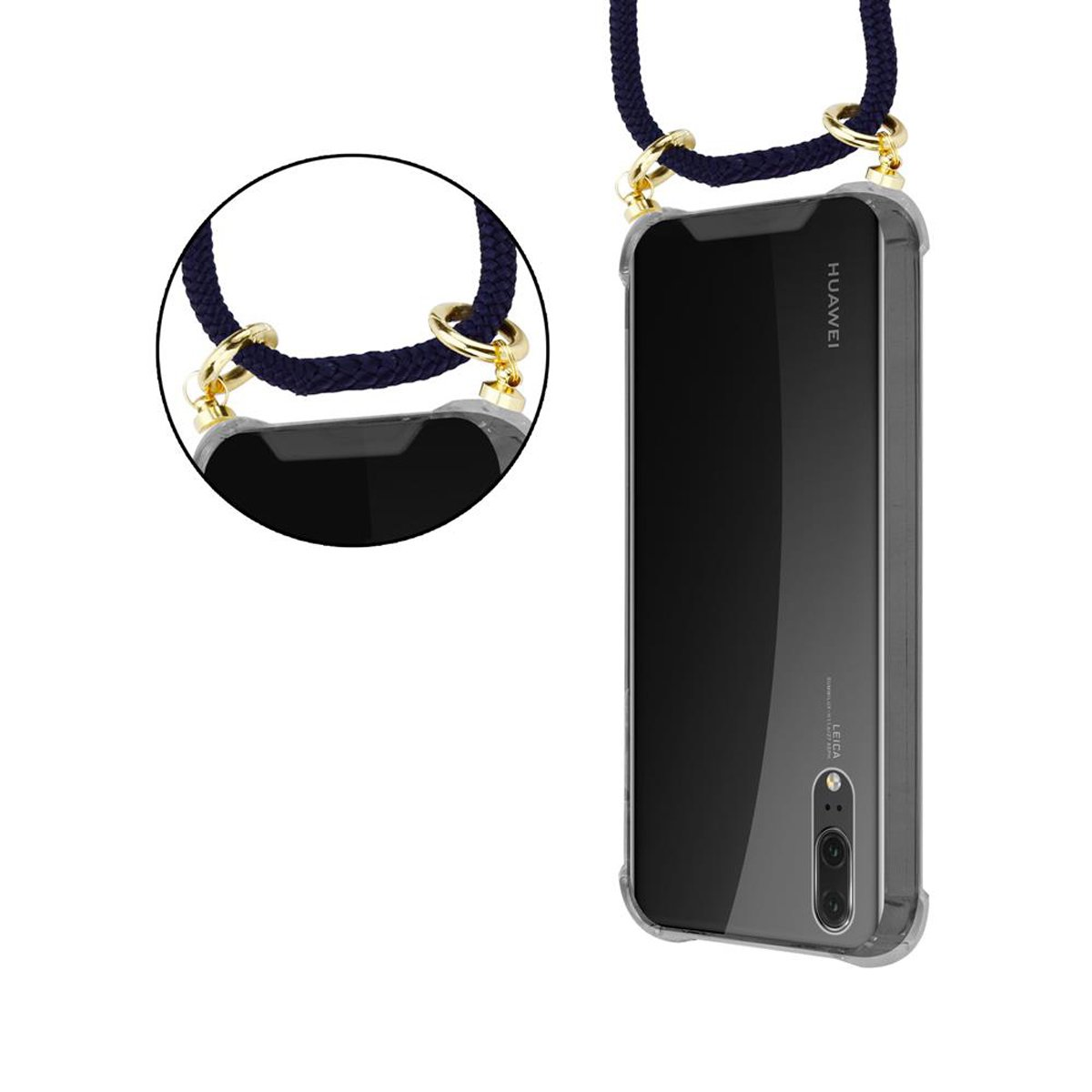 Telefono con custodia trasparente e cordino blu navy. Dettagli di anelli metallici color oro.