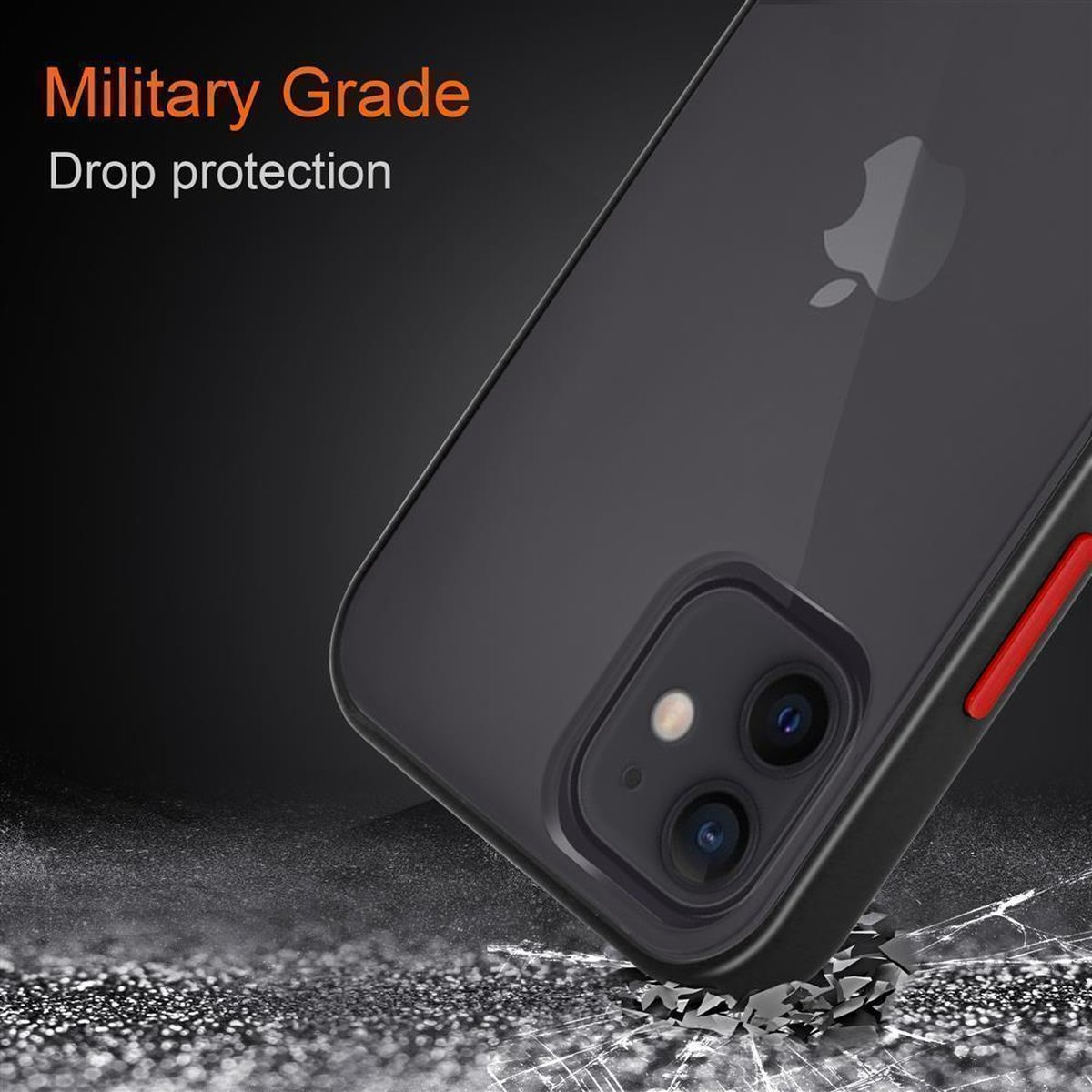 Custodia nera per telefono con dettagli rossi. Un telefono nero all'interno. Testo: 'Military Grade Drop protection'.