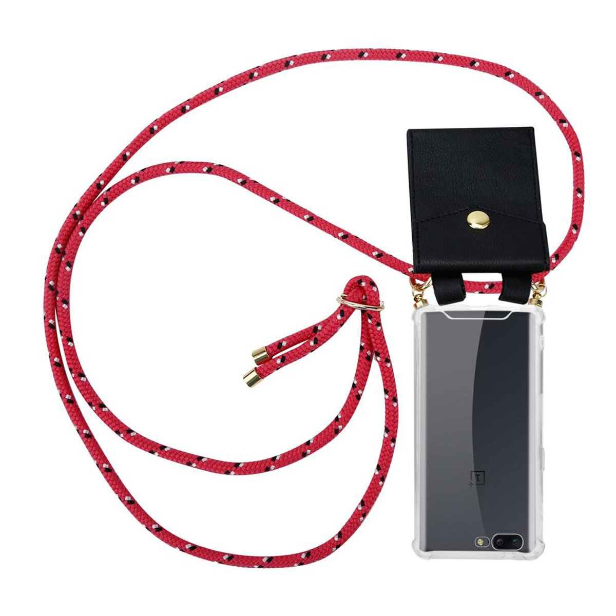 Rotes und weißes Telefonband mit schwarzer Handytasche und Telefon. Weißer Hintergrund.