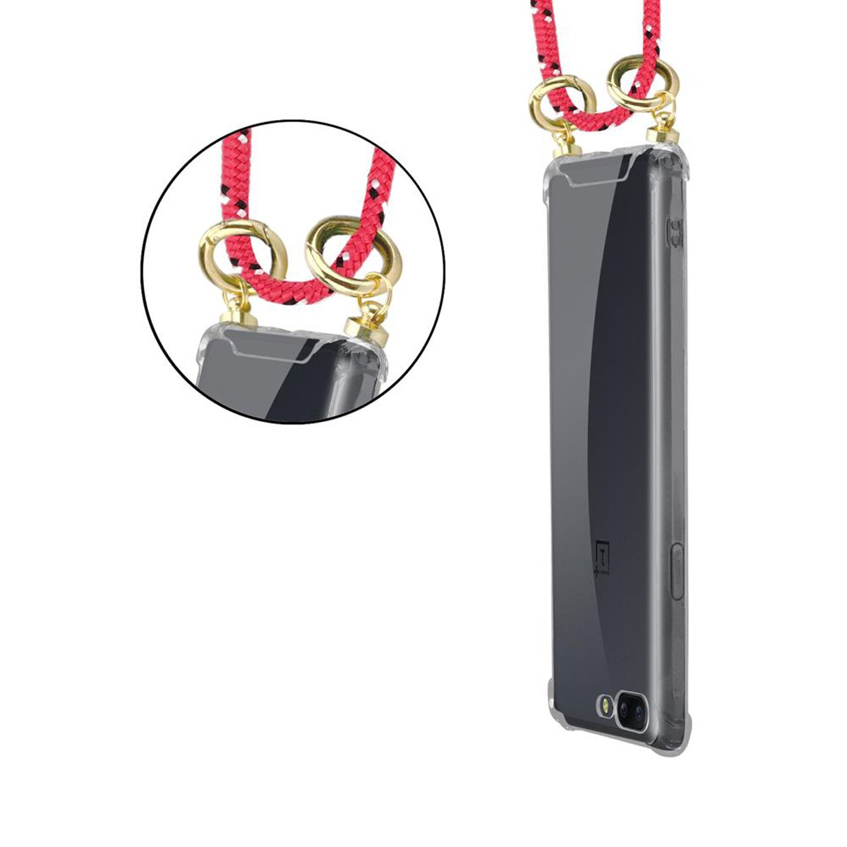 Telefon in einer Hülle mit Lanyard. Das Lanyard ist rot und schwarz. Die Hülle ist durchsichtig.