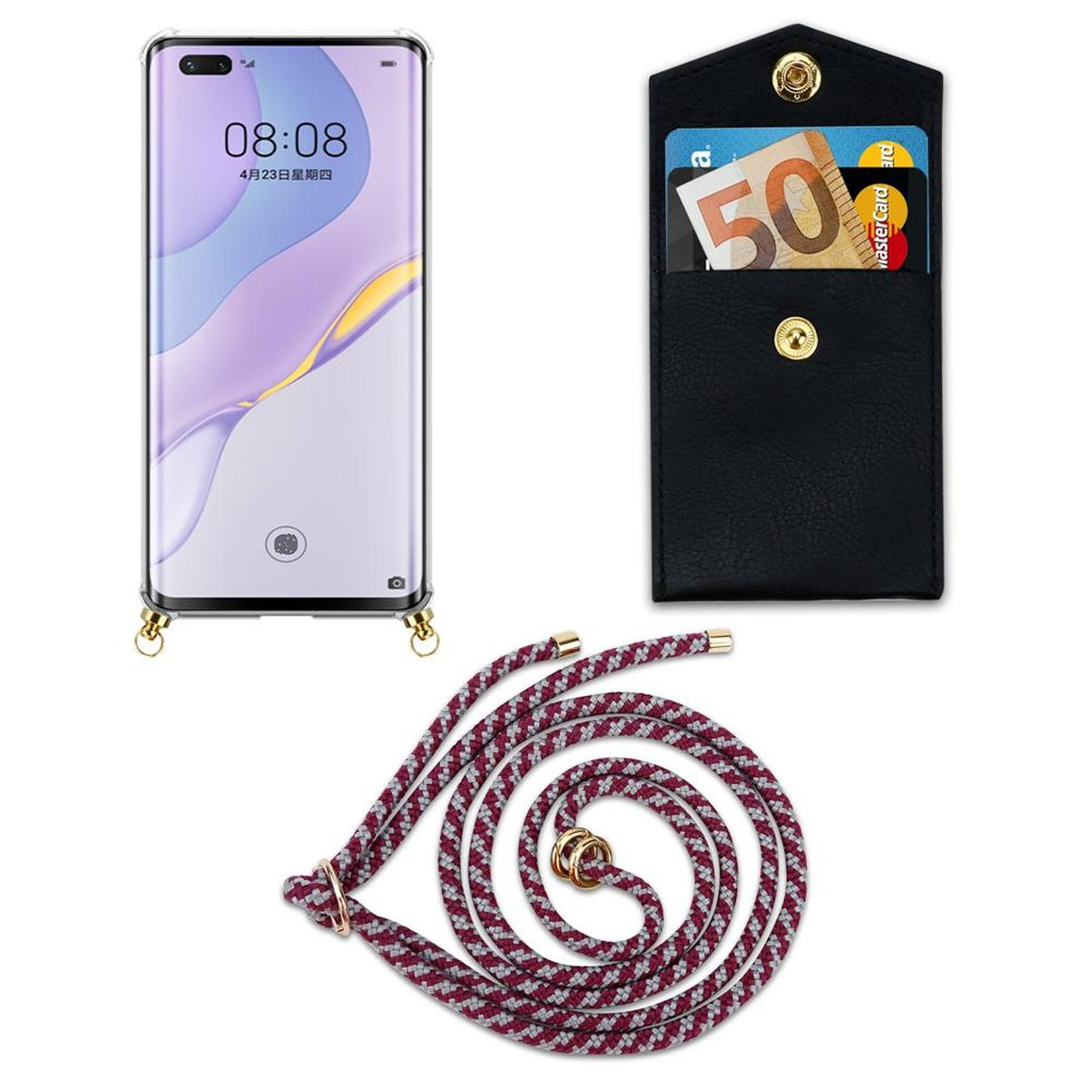 Huawei, PRO abnehmbarer Ringen, Kette WEIß NOVA ROT Backcover, Band CADORABO Handy Hülle, 7 5G, mit Gold Kordel und