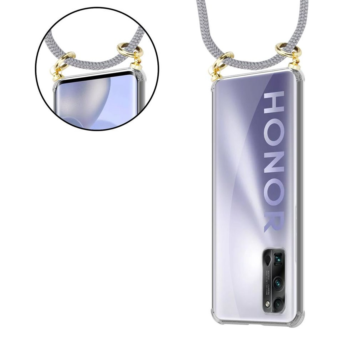 CADORABO Handy Kette mit Ringen, SILBER GRAU 30 Backcover, abnehmbarer Honor, Band PRO+, Hülle, Kordel und Gold