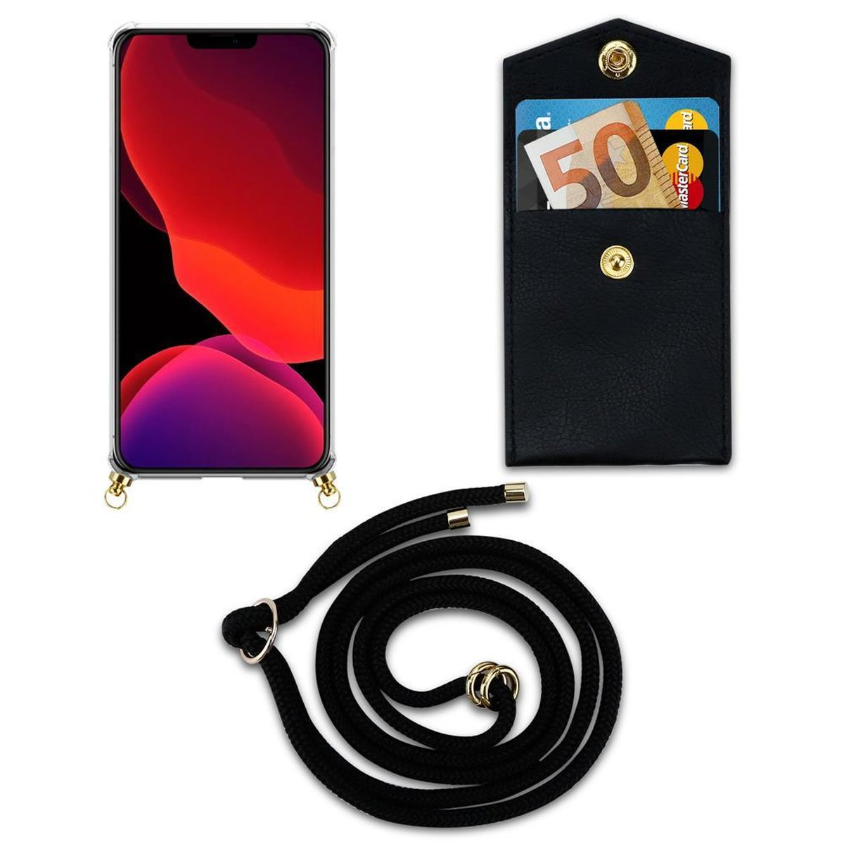 CADORABO Handy Kette mit Gold Kordel abnehmbarer Band MAX, PRO iPhone Backcover, und 12 Hülle, Ringen, SCHWARZ Apple