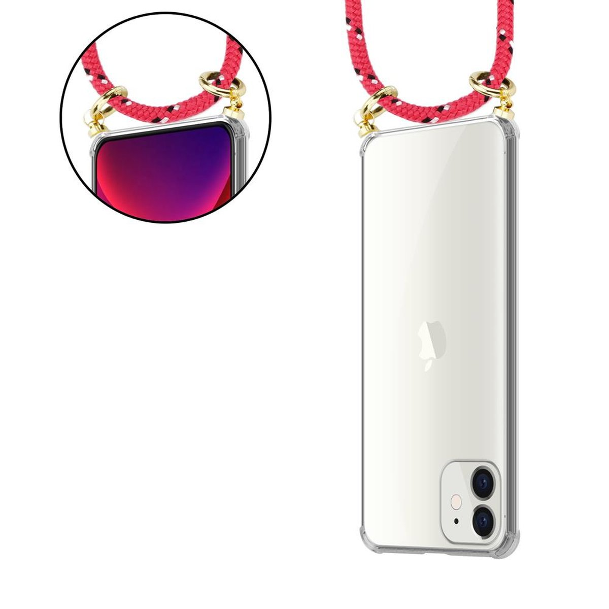 Viene mostrata una custodia trasparente per telefono con un cordino rosso e bianco. Il cordino ha dettagli dorati ed è attaccato al telefono.