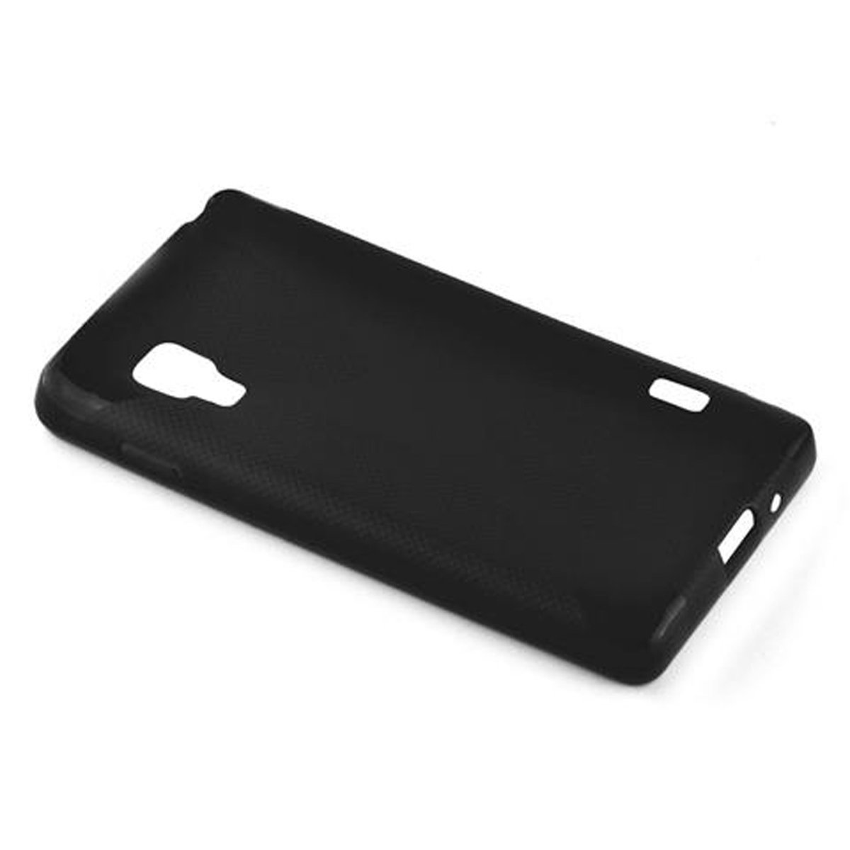 Una custodia per telefono nera con ritagli per la fotocamera e altre funzioni, su sfondo bianco.