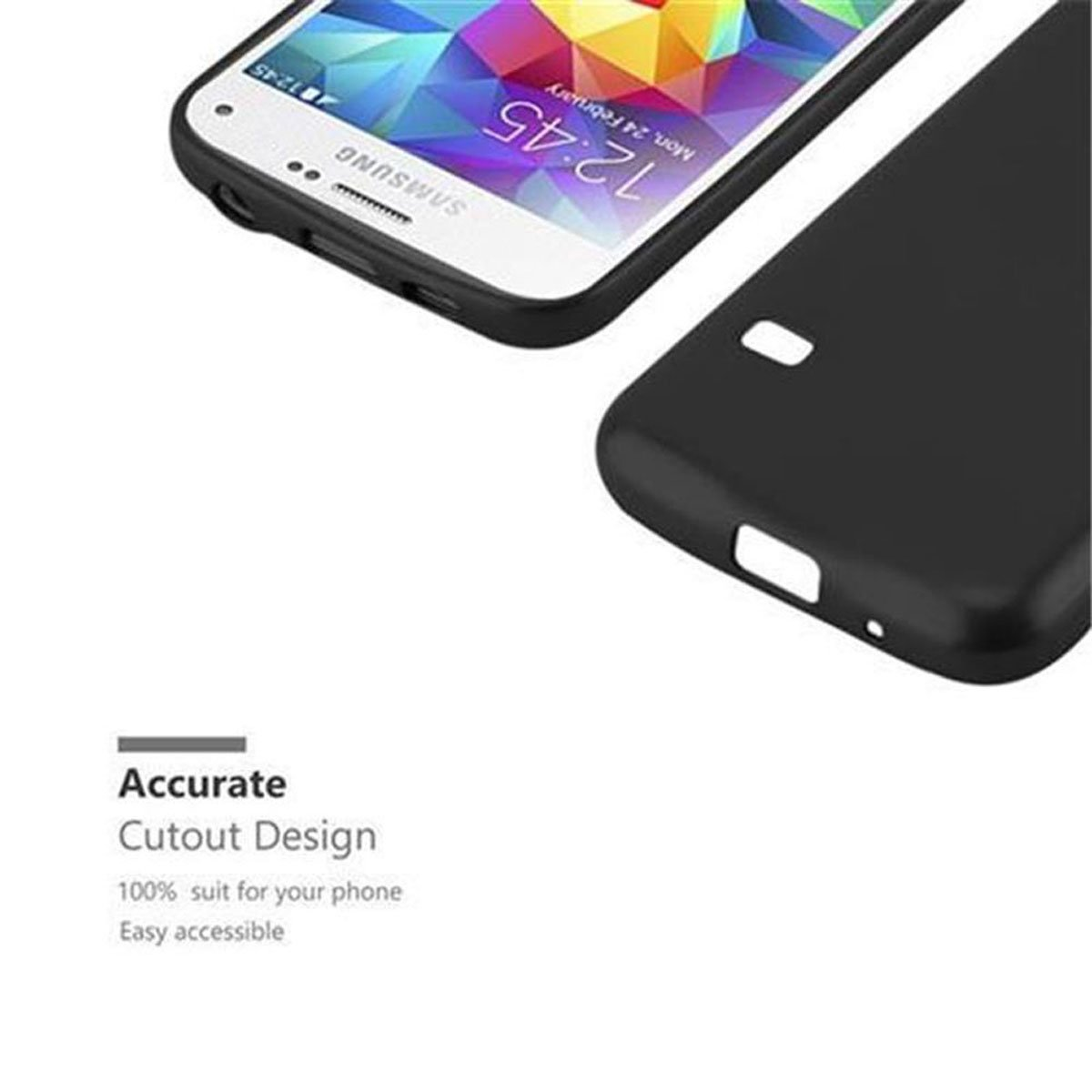 Ein schwarzes Telefon mit einer schwarzen Hülle daneben, mit Text über das Ausschnittdesign.