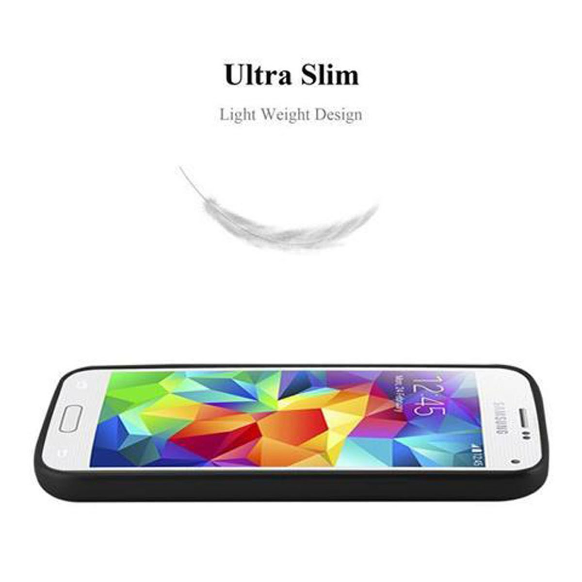 Ein schwarzes Telefon mit weißem Bildschirm und Federgrafik.