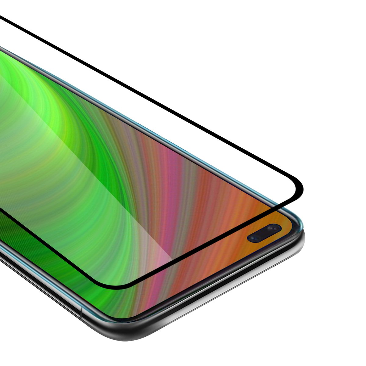 Smartphone con protezione schermo in vetro. Lo schermo mostra un motivo sfocato colorato.