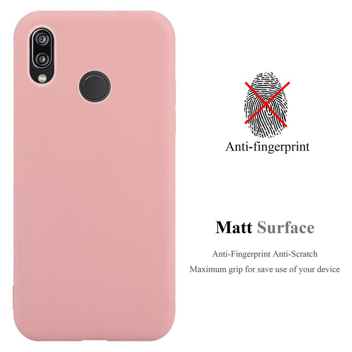 Una custodia per telefono rosa. Un'icona di impronta digitale è sbarrata, con il testo 'Matt Surface'.