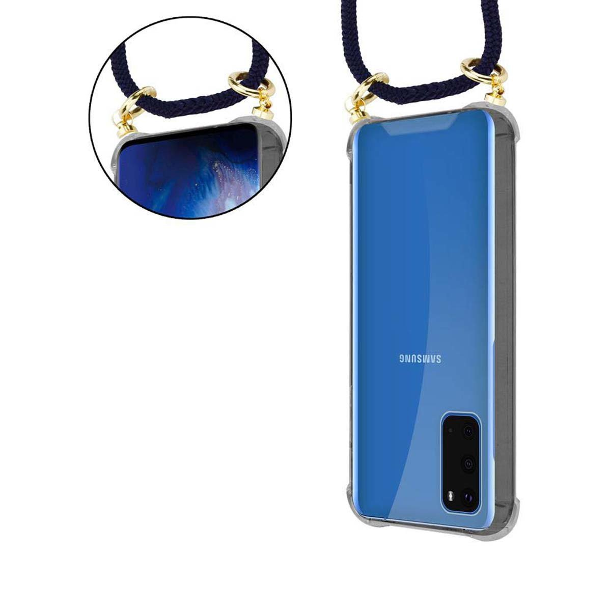 Telefono blu in una custodia trasparente con cordino blu navy. Dettagli oro.
