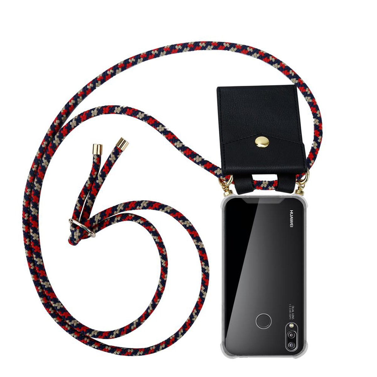 Telefono Huawei con custodia nera e cinturino in corda rossa, bianca e blu. La custodia è attaccata al cinturino.