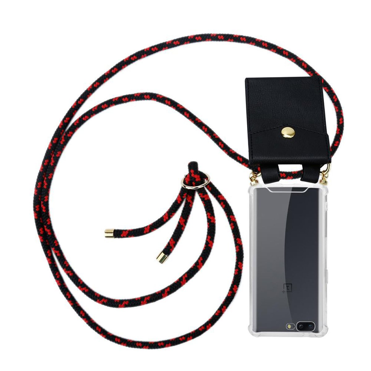 Telefon mit klarer Hülle und Lanyard, rot-schwarzes Seil.