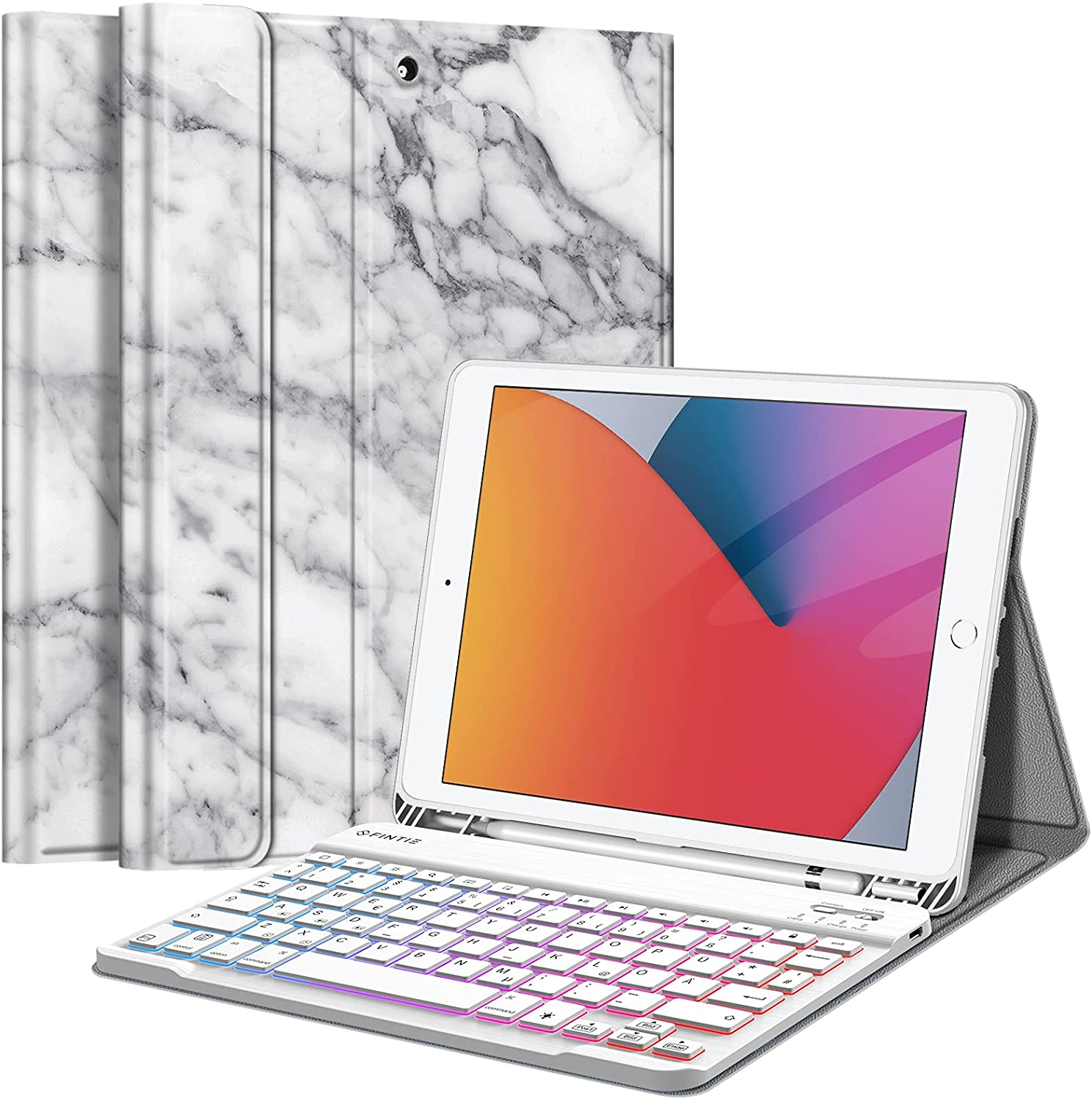 Hülle Apple Kunstleder, Marmor FINTIE für Bookcover Tastatur Weiß + Tablethülle