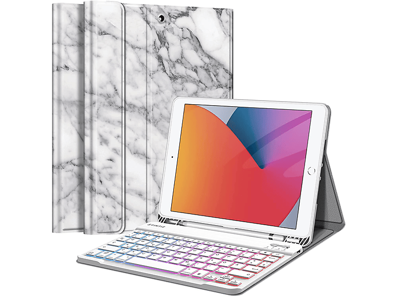 FINTIE Hülle + Tastatur Tablethülle Bookcover für Apple Kunstleder, Marmor Weiß