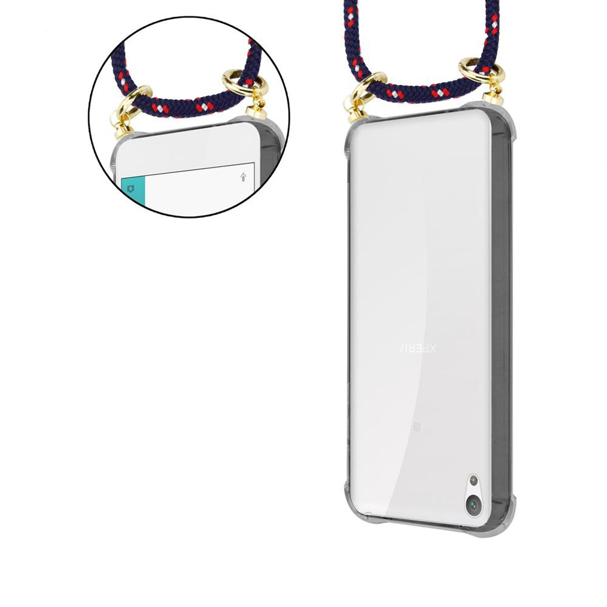 Transparente Handyhülle mit angebrachtem Umhängeband. Weißes Telefon links.