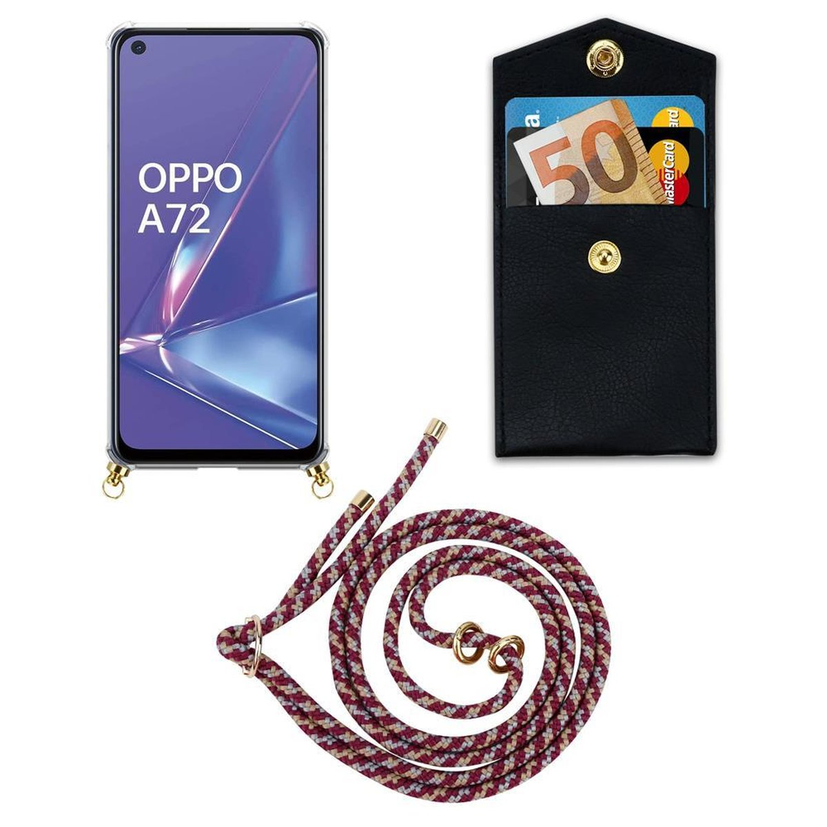 CADORABO Handy Kette mit Gold ROT Ringen, A92, WEIß Band Hülle, Kordel abnehmbarer GELB Oppo, und Backcover