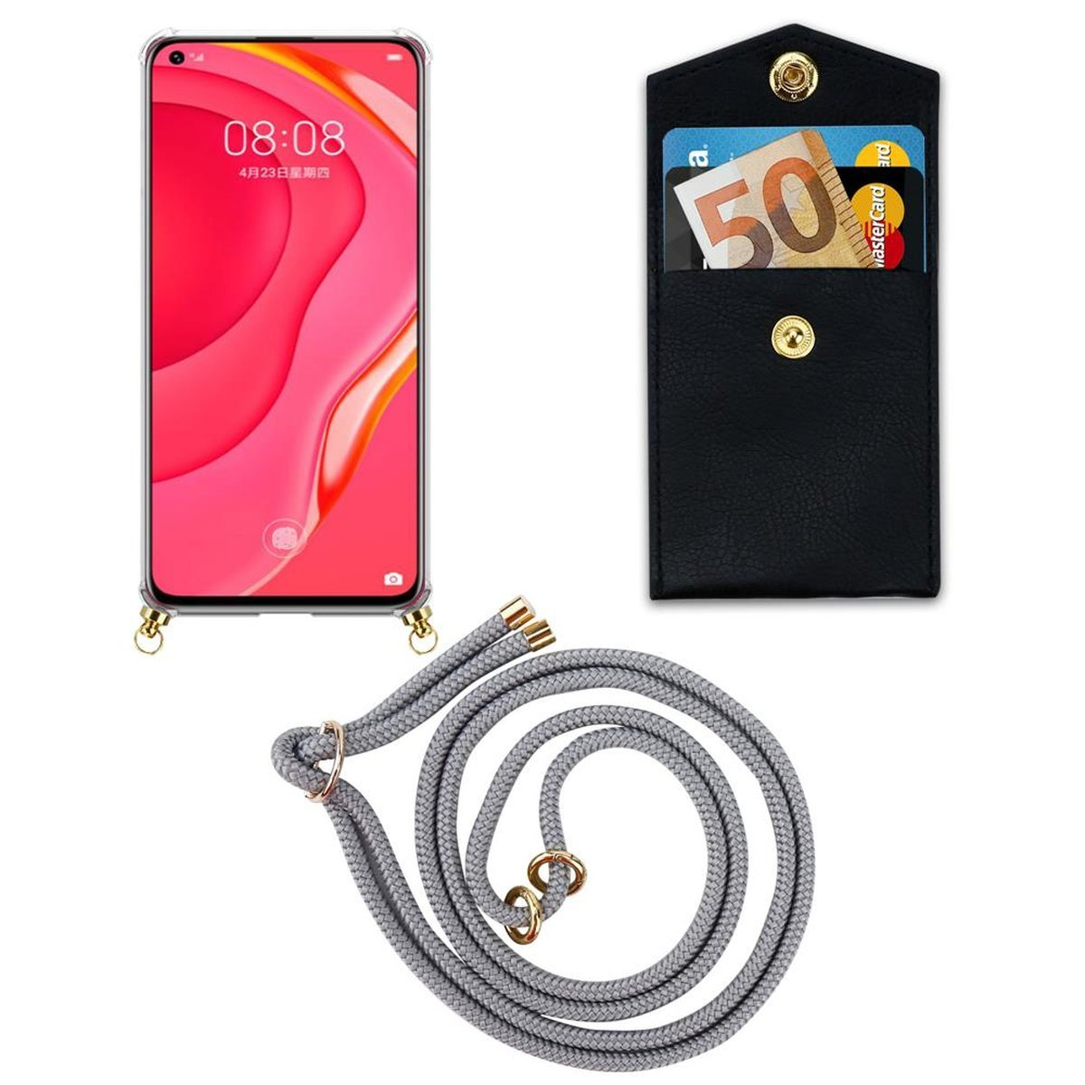 CADORABO Handy Kette mit Ringen, 5G, SILBER und NOVA Gold Kordel Hülle, Backcover, abnehmbarer GRAU Huawei, 7 Band