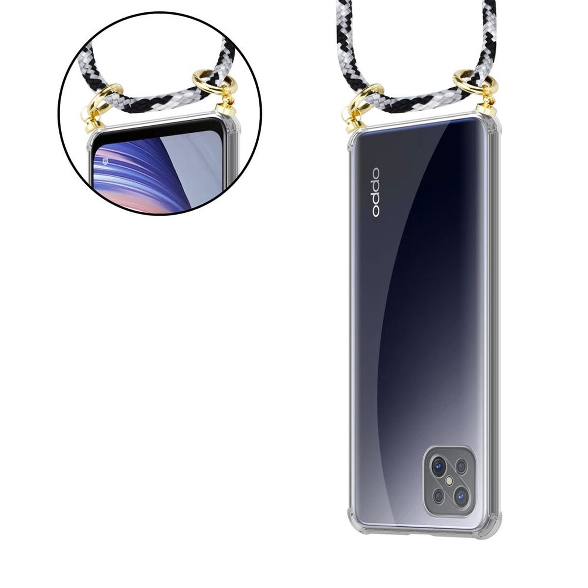 CADORABO Handy Kette abnehmbarer Oppo, Ringen, SCHWARZ A92s, Band mit Hülle, CAMOUFLAGE Backcover, Gold und Kordel