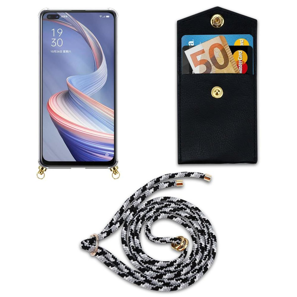 SCHWARZ Band Gold Hülle, Backcover, und Kordel Oppo, Ringen, Handy CADORABO CAMOUFLAGE A92s, mit abnehmbarer Kette