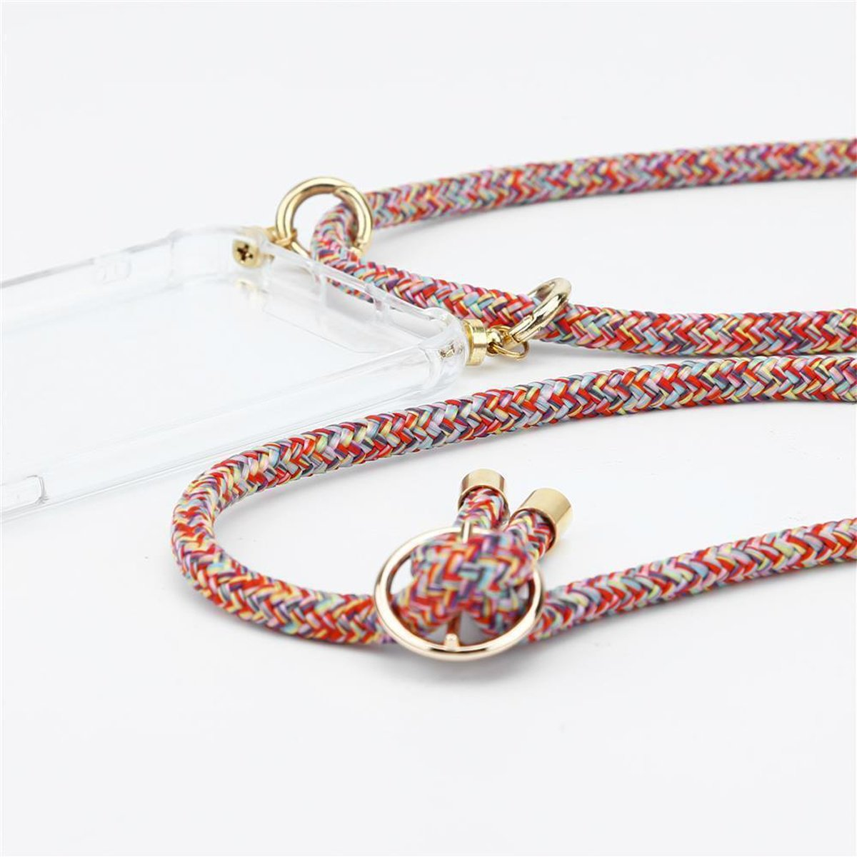 Nahaufnahme eines Lanyards mit farbigem geflochtenem Seil und goldenen Details.