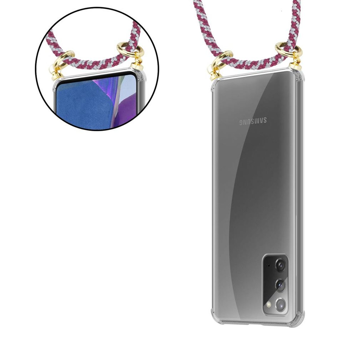 CADORABO Handy Kette mit Backcover, 20, und Ringen, Galaxy Samsung, Hülle, ROT Gold WEIß Kordel Band NOTE abnehmbarer