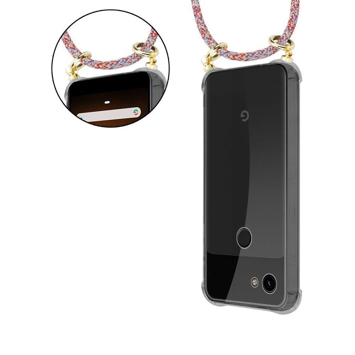 Ein Telefon in einer Hülle mit Lanyard, zeigt die Rückseite des Telefons.