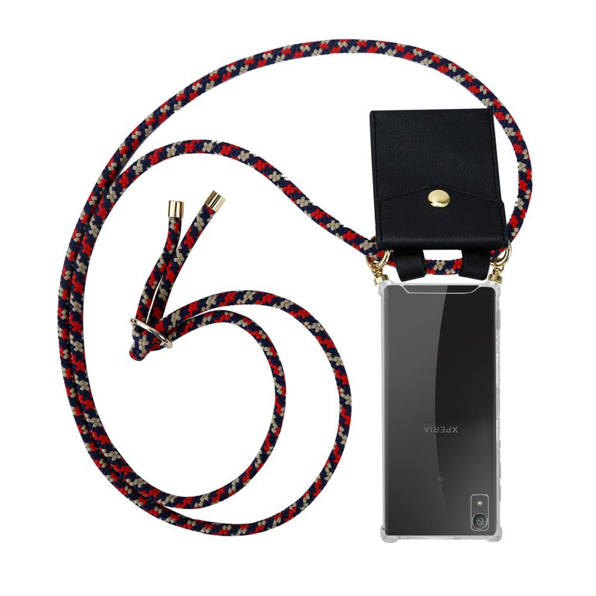 Telefon mit einem Umhängeband. Das Umhängeband hat eine schwarze Tasche. Das Seil ist rot, blau und weiß.