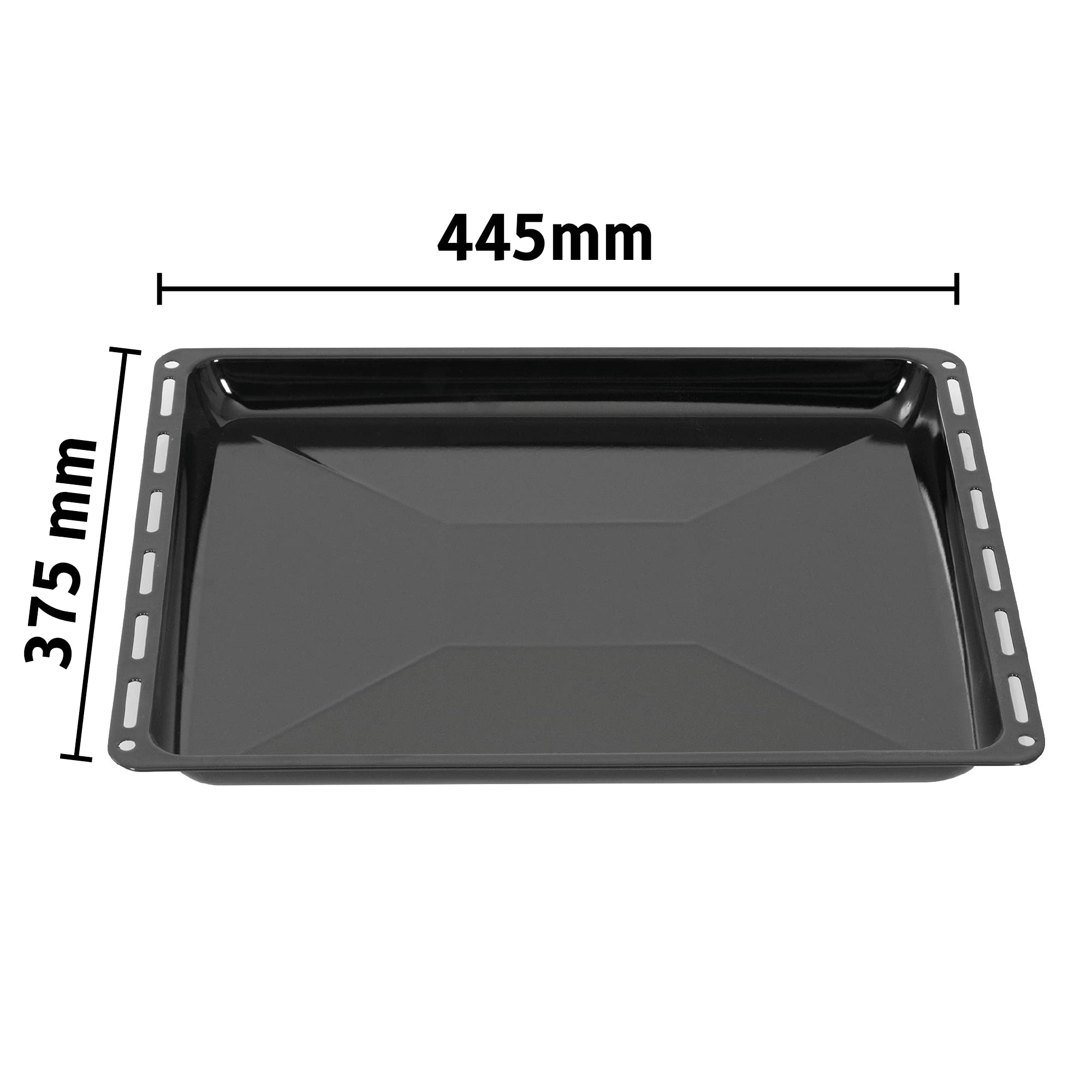 Ein schwarzes Backblech mit Maßen. Es misst 445 mm breit und 375 mm hoch.