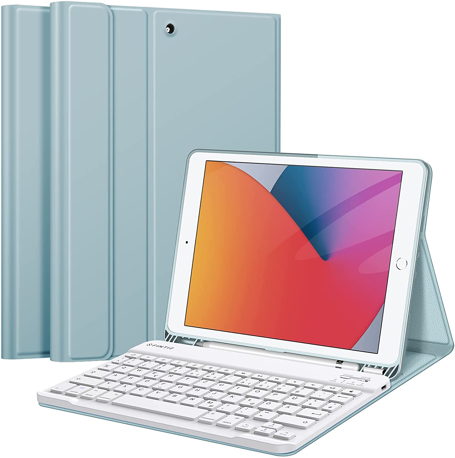Apple für Hülle + FINTIE Tastatur Bookcover Eisblau Kunstleder, Tablethülle