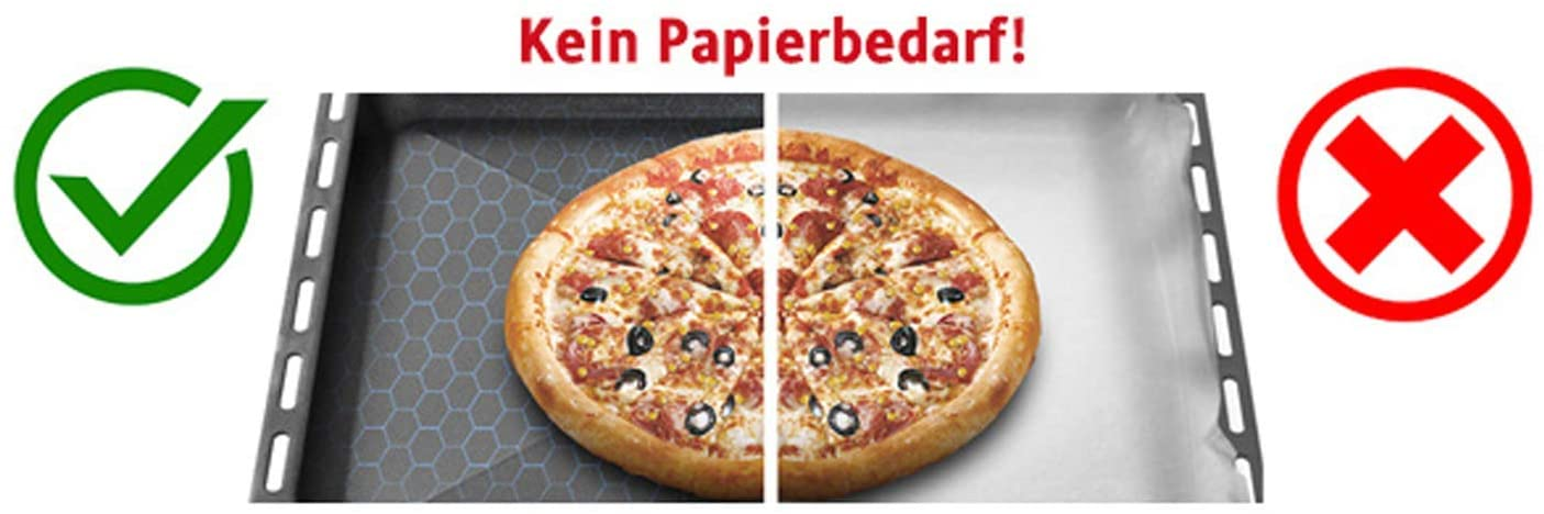 Pizza auf einem Backblech, mit grünen Häkchen und roten X-Symbolen. Text: Kein Papierbedarf!