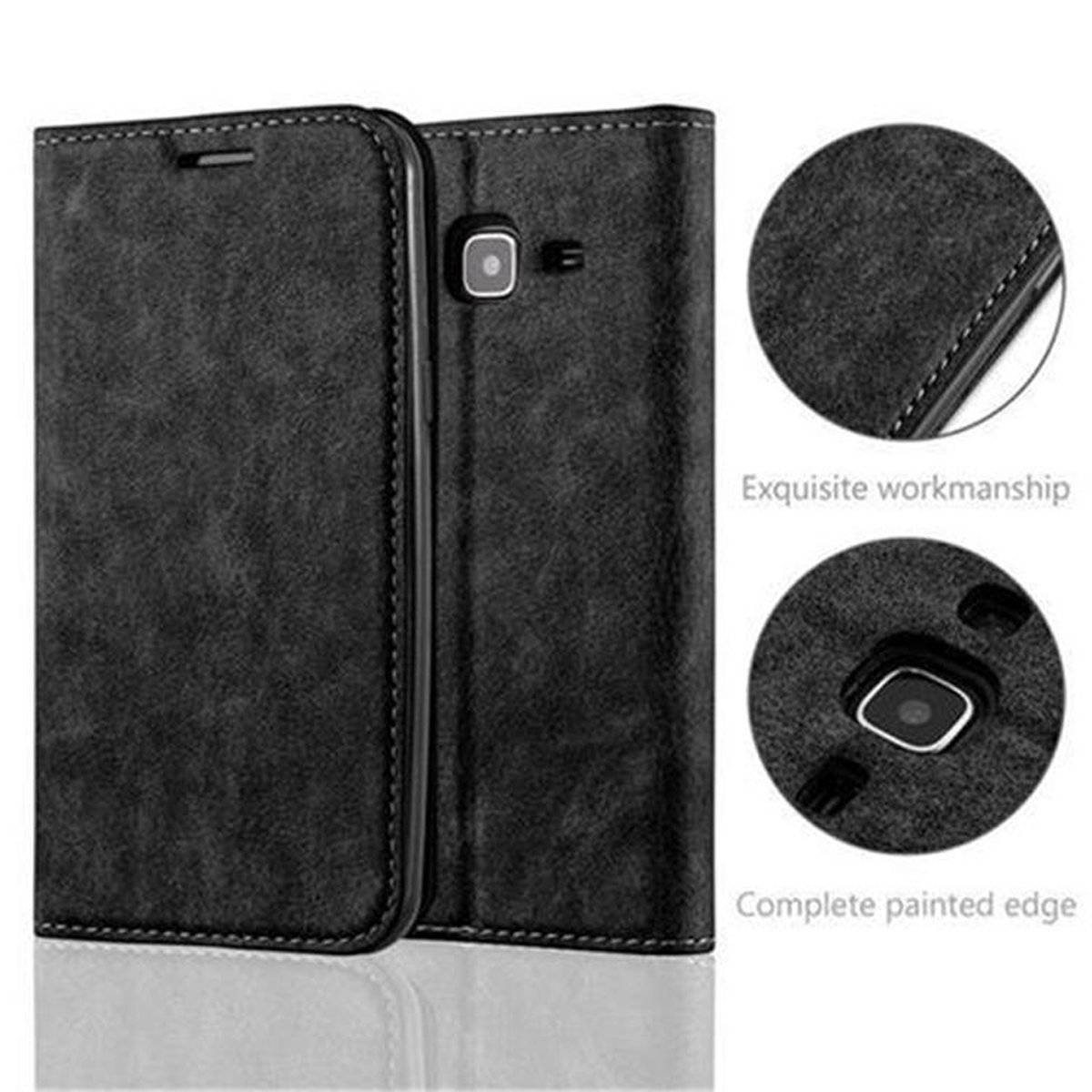 Funda de teléfono negra con teléfono. La funda es negra. Hay detalles de las costuras.