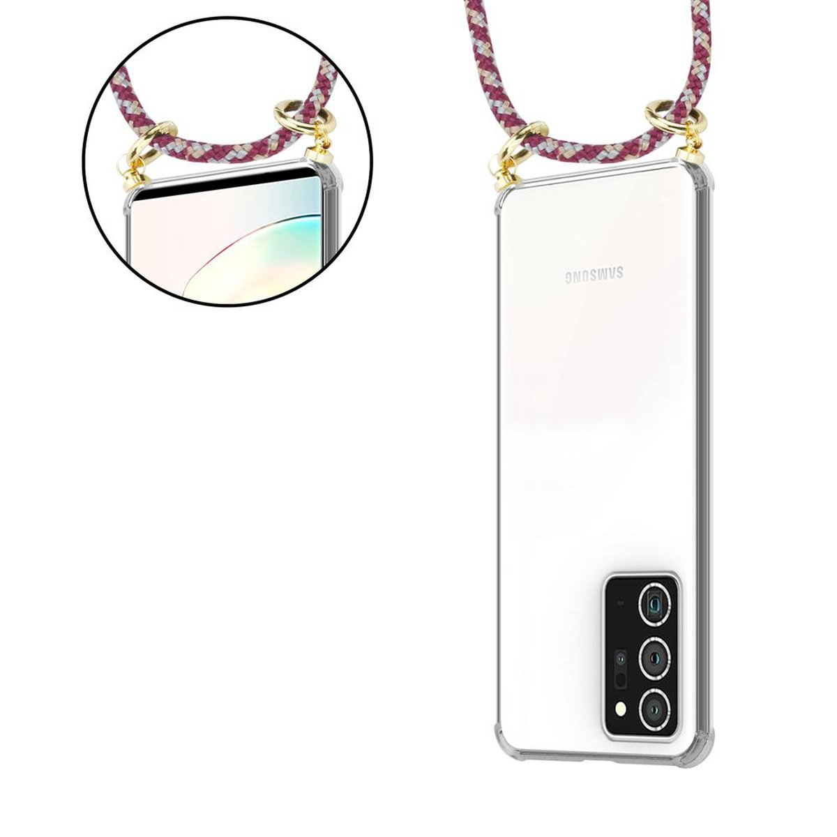 CADORABO Handy Kette 20 Backcover, abnehmbarer mit Hülle, WEIß GELB NOTE Samsung, Gold und Kordel Galaxy PLUS, Band Ringen, ROT