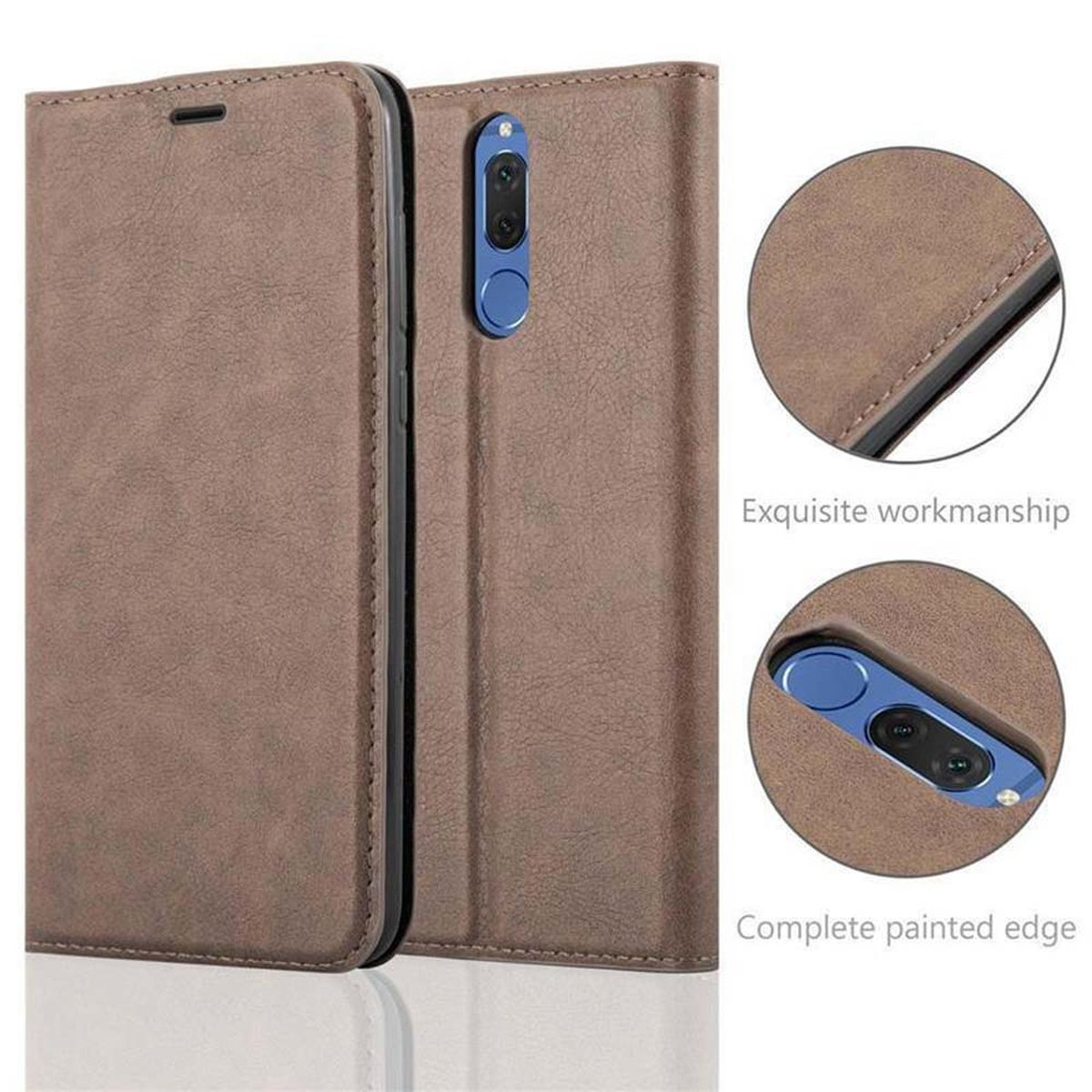 Braune Handyhülle mit Telefon. Zwei Nahaufnahmen zeigen die Details der Hülle.