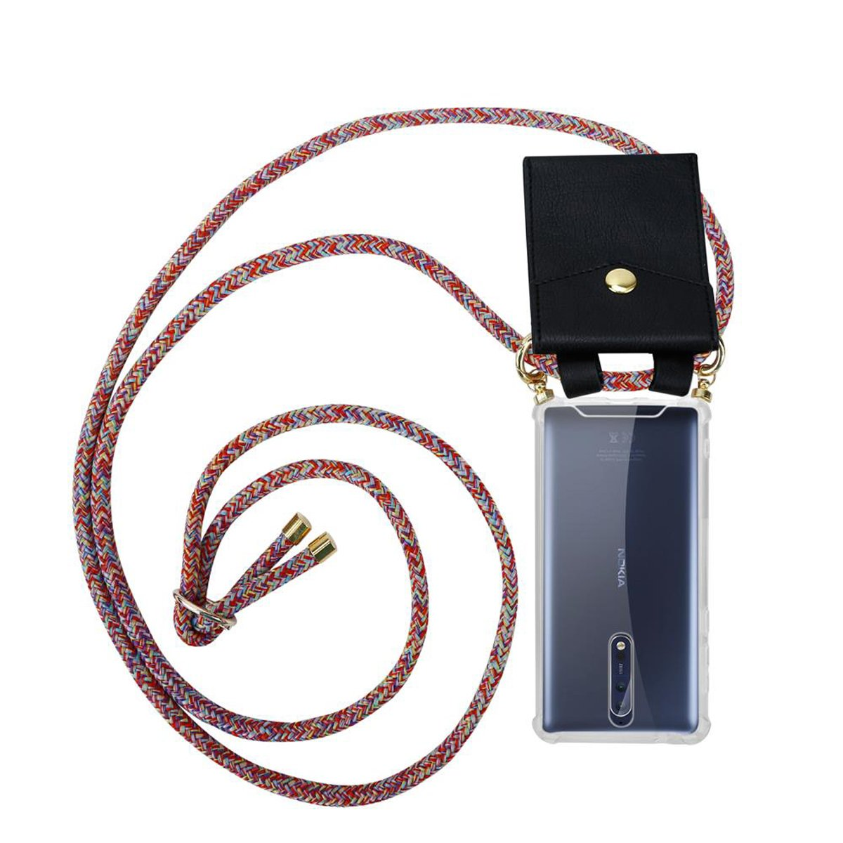 Ein Telefon in einer transparenten Hülle mit einem mehrfarbigen Lanyard und einer schwarzen Hülle auf weißem Hintergrund.