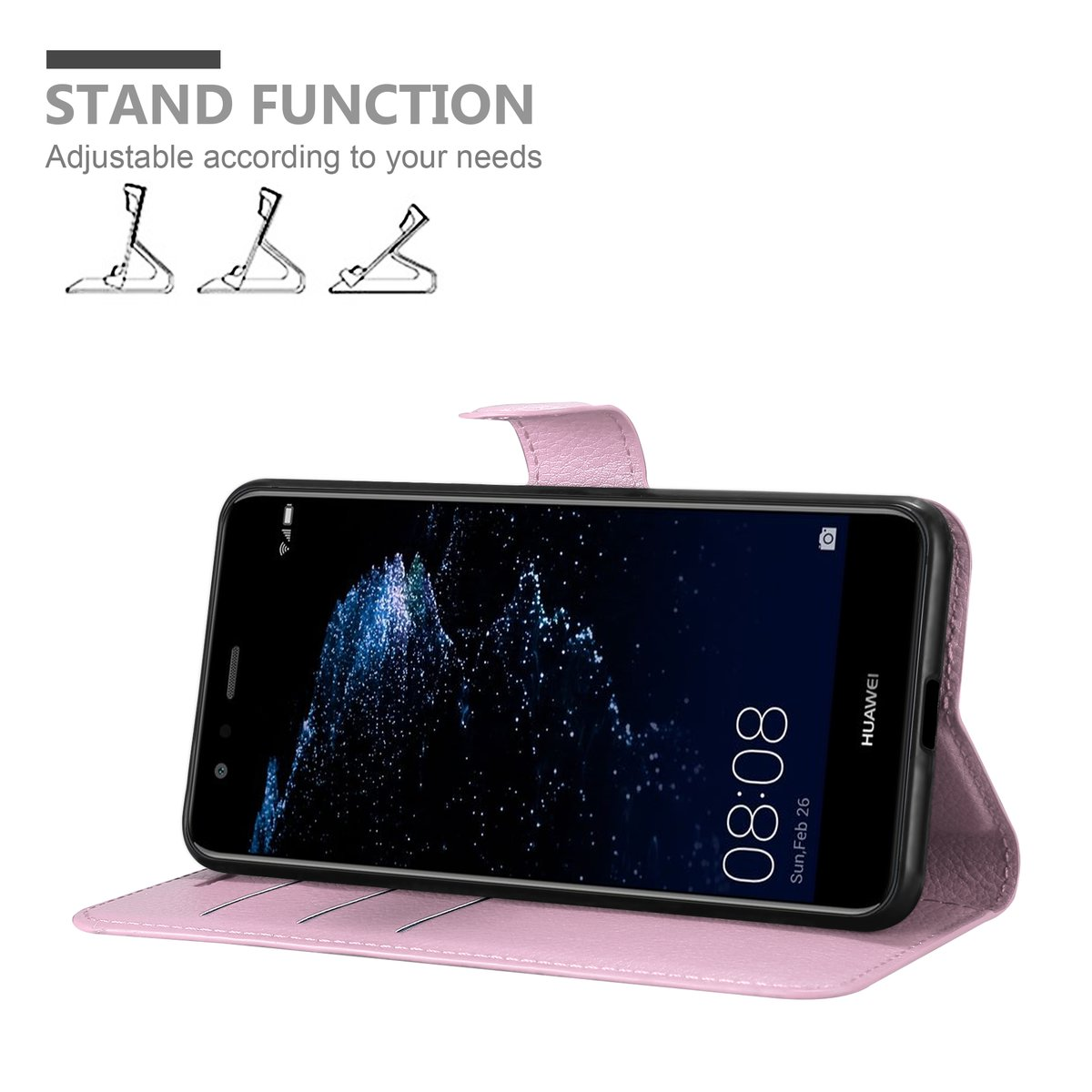 Una custodia per telefono rosa con un telefono all'interno. Il telefono mostra uno schermo. Il testo sulla funzione di supporto è visibile.