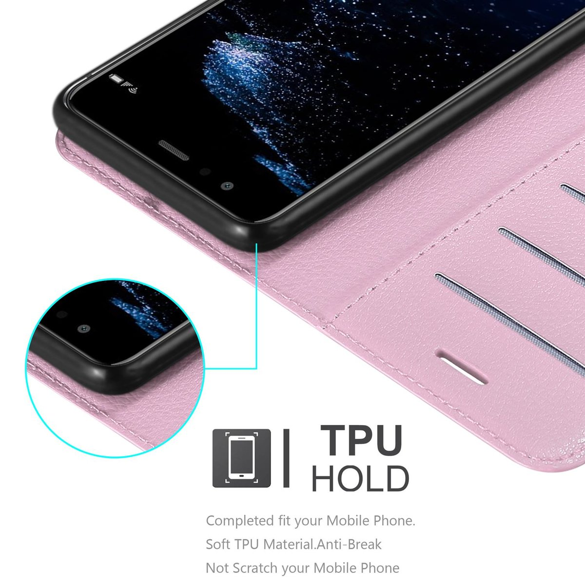 Un telefono cellulare in una custodia rosa, con una casella di testo che dice "TPU HOLD" e "Anti-Break".