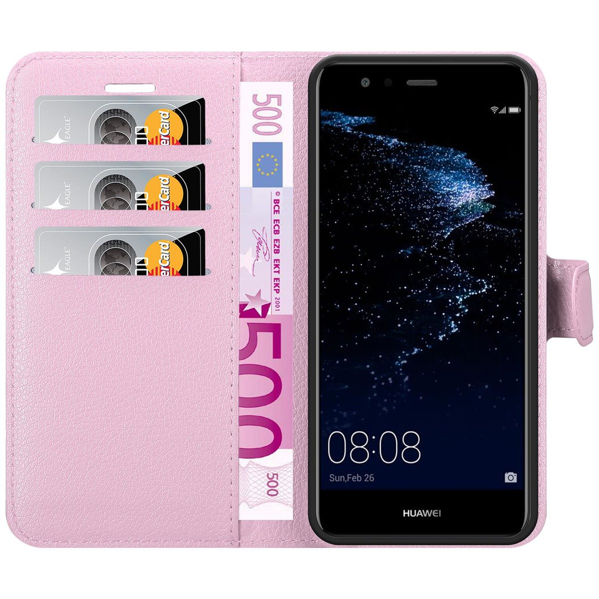 Una custodia per telefono rosa aperta per mostrare un telefono e delle carte. Il telefono mostra l'ora. Banconota da 500 euro.