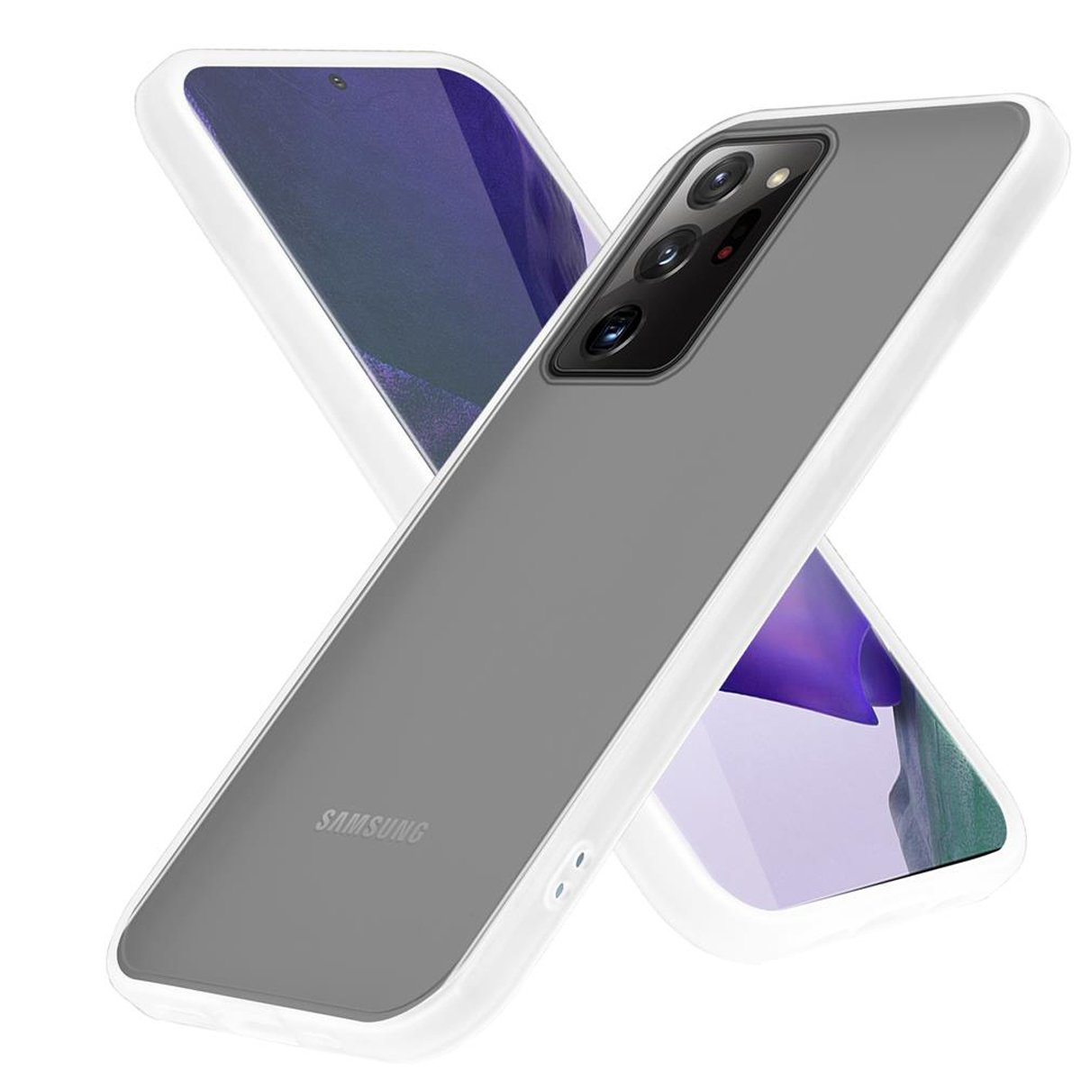 Zwei Handyhüllen, eine grau, eine klar, mit einem Telefon darin.