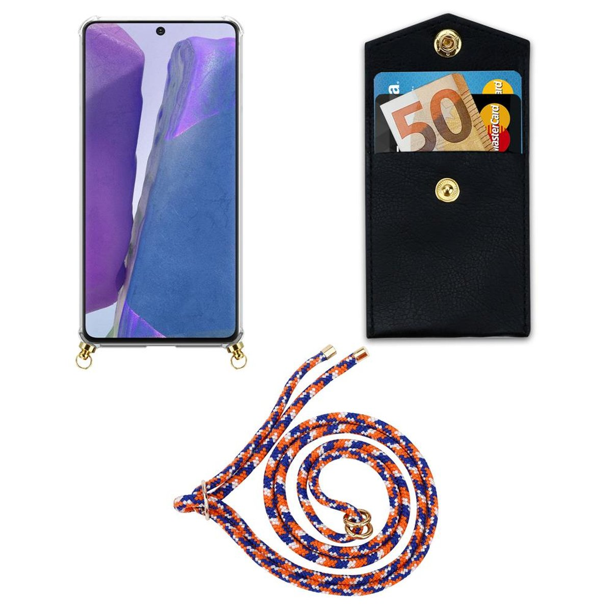 CADORABO Handy Kette mit Backcover, abnehmbarer ORANGE WEIß Gold Hülle, NOTE und BLAU Kordel Galaxy Samsung, 20, Band Ringen