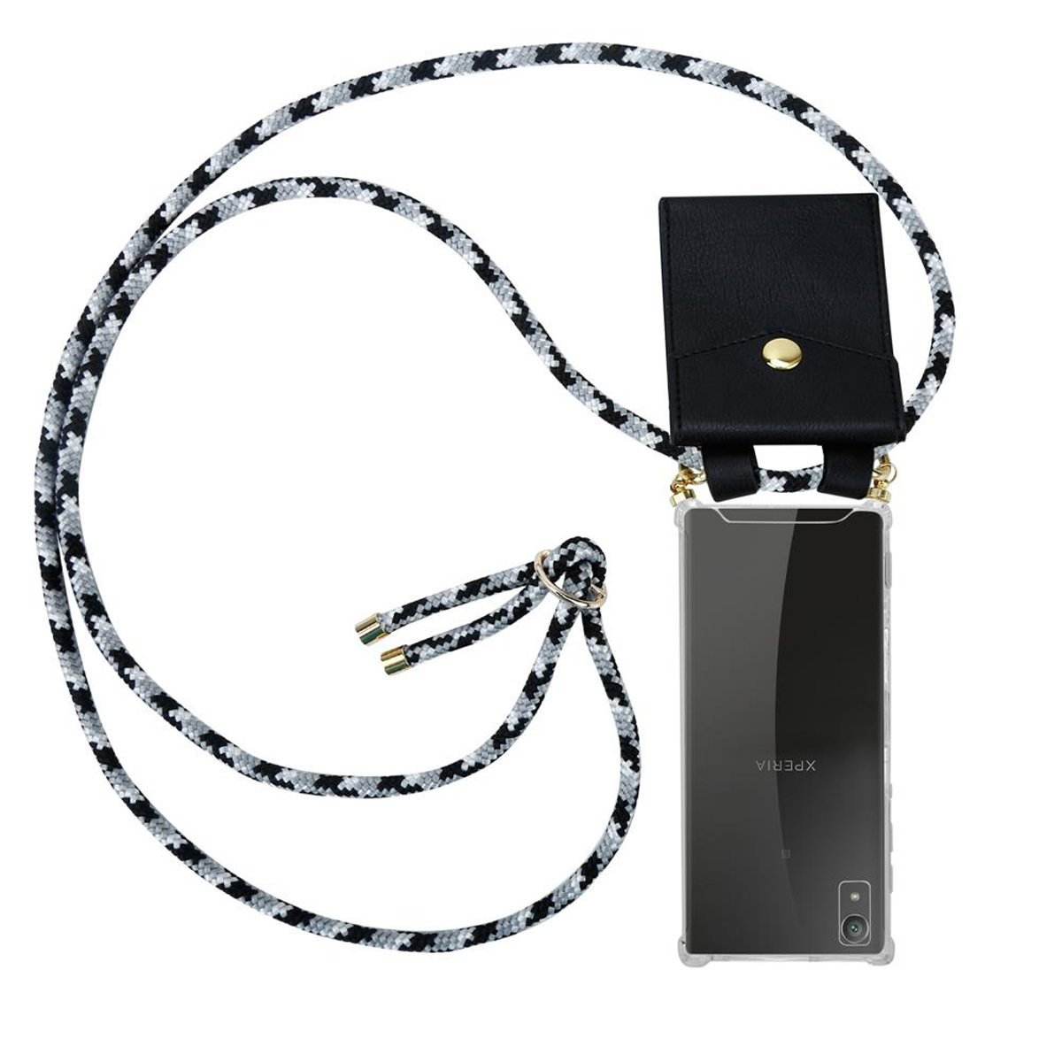 Ein Telefon mit einem schwarz-weißen Lanyard und einem schwarzen Telefonhalter auf weißem Hintergrund.