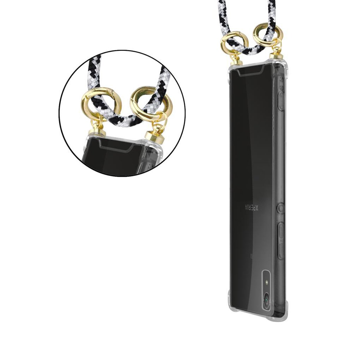 Telefon in einer transparenten Hülle mit Riemen. Der Riemen hat goldene Ringe und ein schwarz-weißes Kabel.