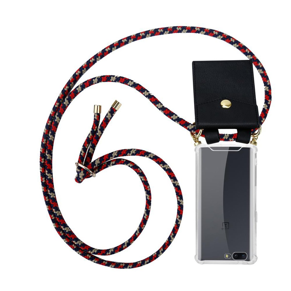 Eine rot-schwarz-weiße Schlüsselband-Handyhülle mit einem Telefon in einer transparenten Hülle auf weißem Grund.
