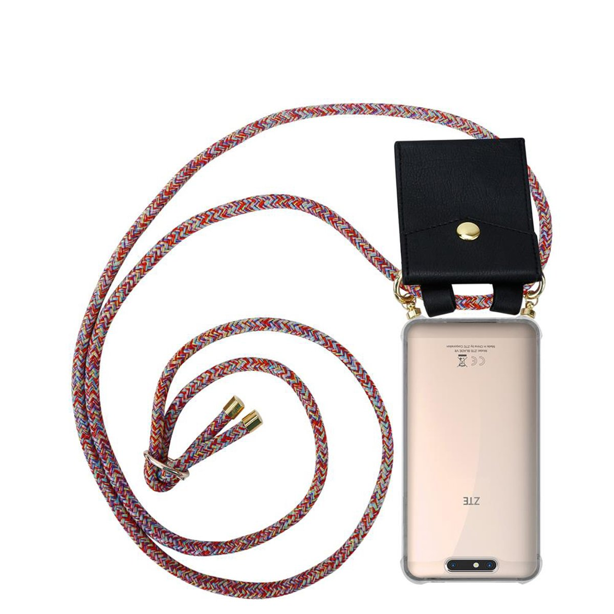 Ein Telefon mit Hülle und einem Seil mit einem mehrfarbigen Muster, einer schwarzen Hülle und einem weißen Hintergrund.