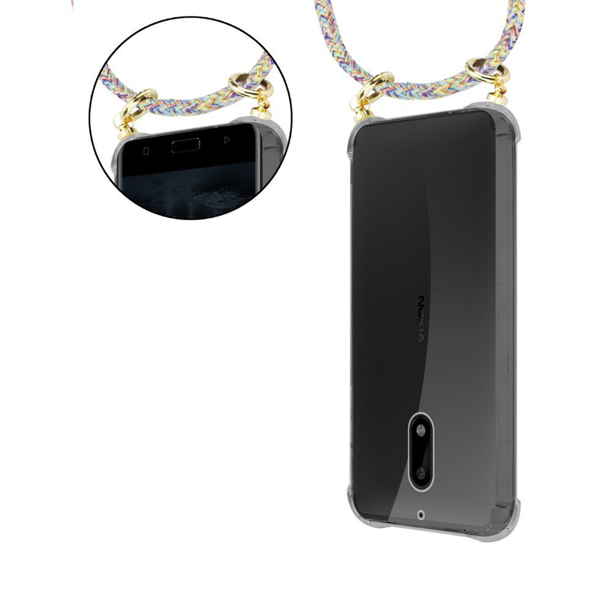 Transparente Handyhülle mit buntem Riemen und Telefon. Das Telefon ist ein Nokia.
