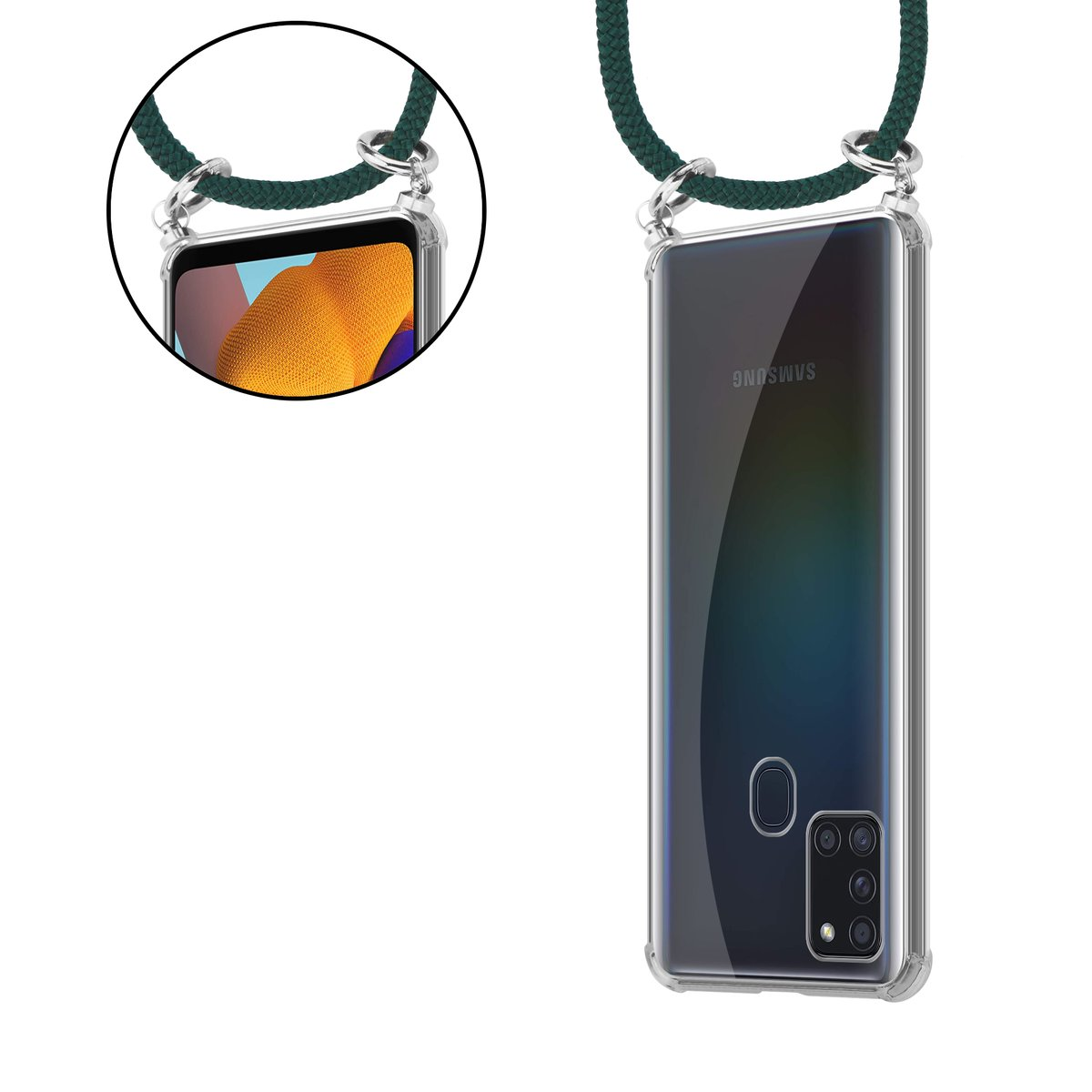 Telefono in una custodia trasparente con cinturino verde, con un primo piano del cinturino.