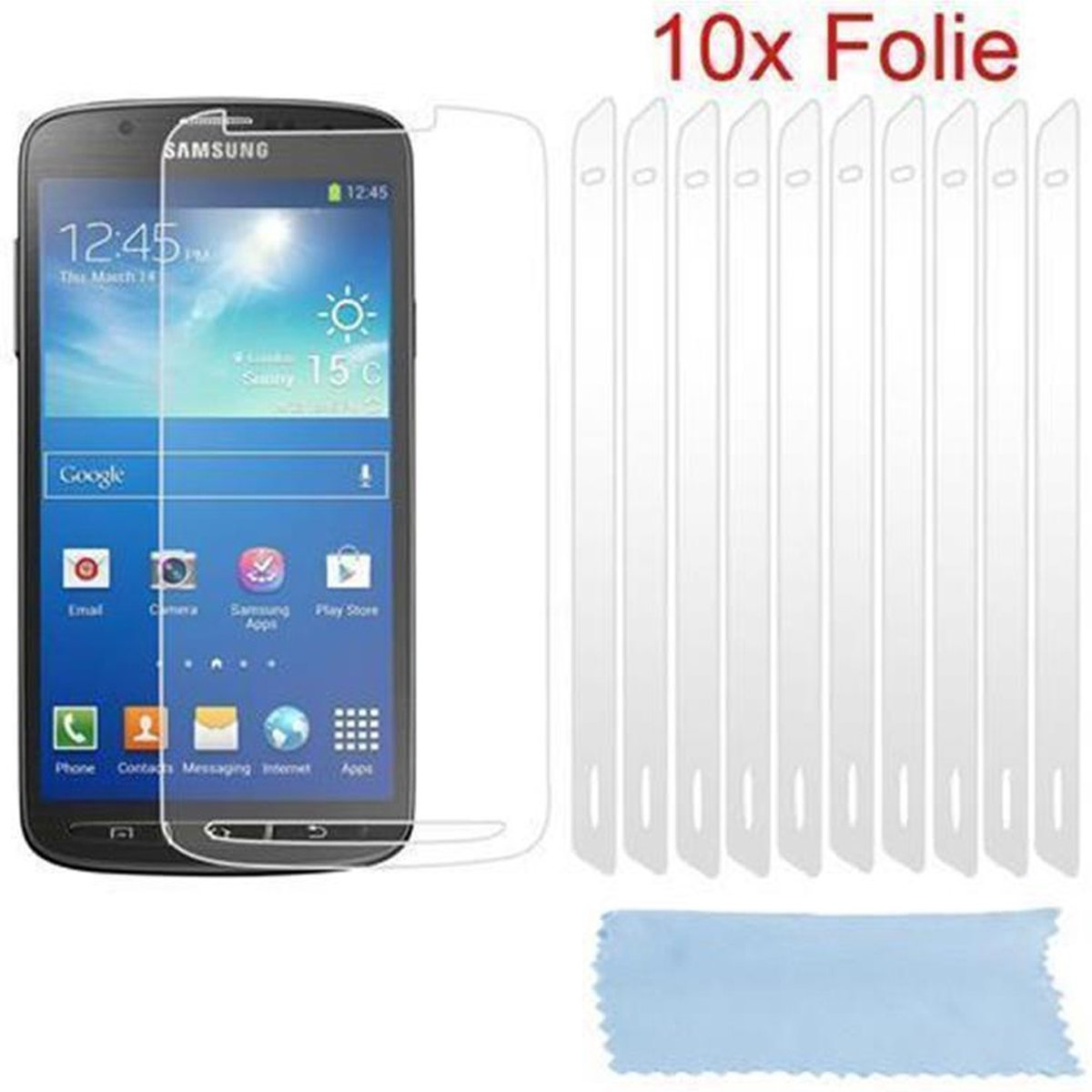 Uno smartphone con una protezione per lo schermo e una pila di 10 protezioni per lo schermo accanto. Panno per la pulizia blu.