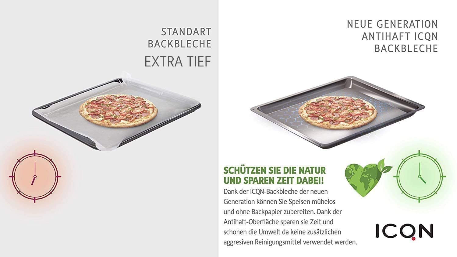 Zwei Pizzableche, eines mit Backpapier, das andere mit Antihaftbeschichtung.